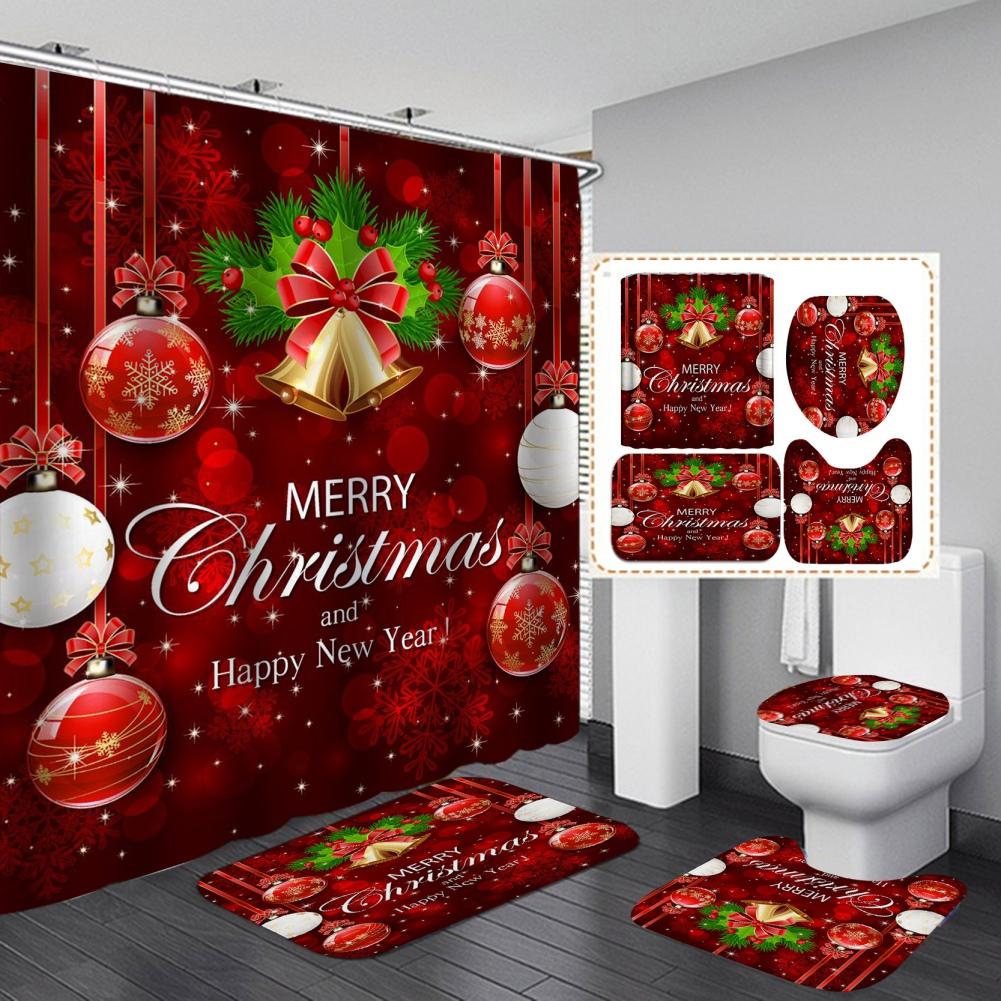 Merry Christmas Bathroom 4Pcs Set Snowman Santa Claus Pattern Waterproof Shower Curtain Toilet Cover Mat Non Slip Rug Home Decor