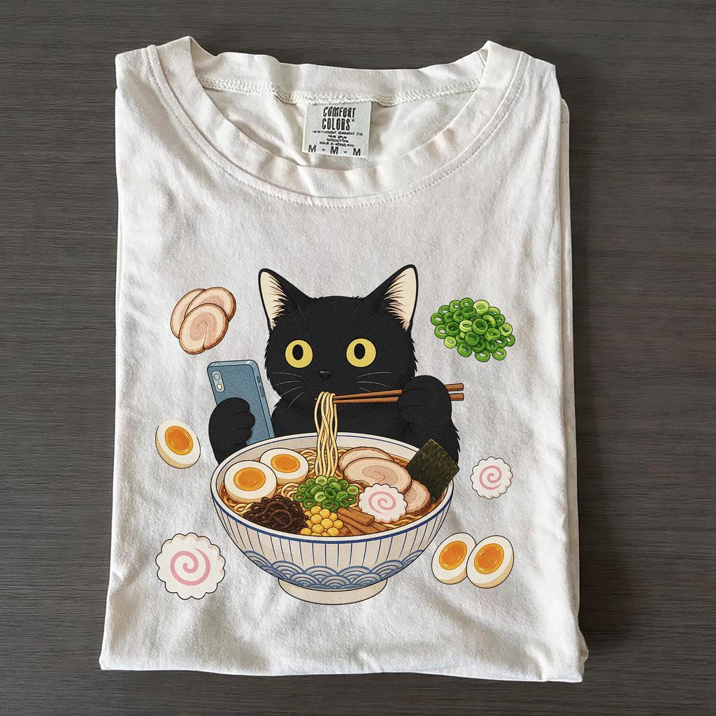 Kawaii Cat Ramen Eating Noodles Graphic Tee, Japanese Streetwear Shirt