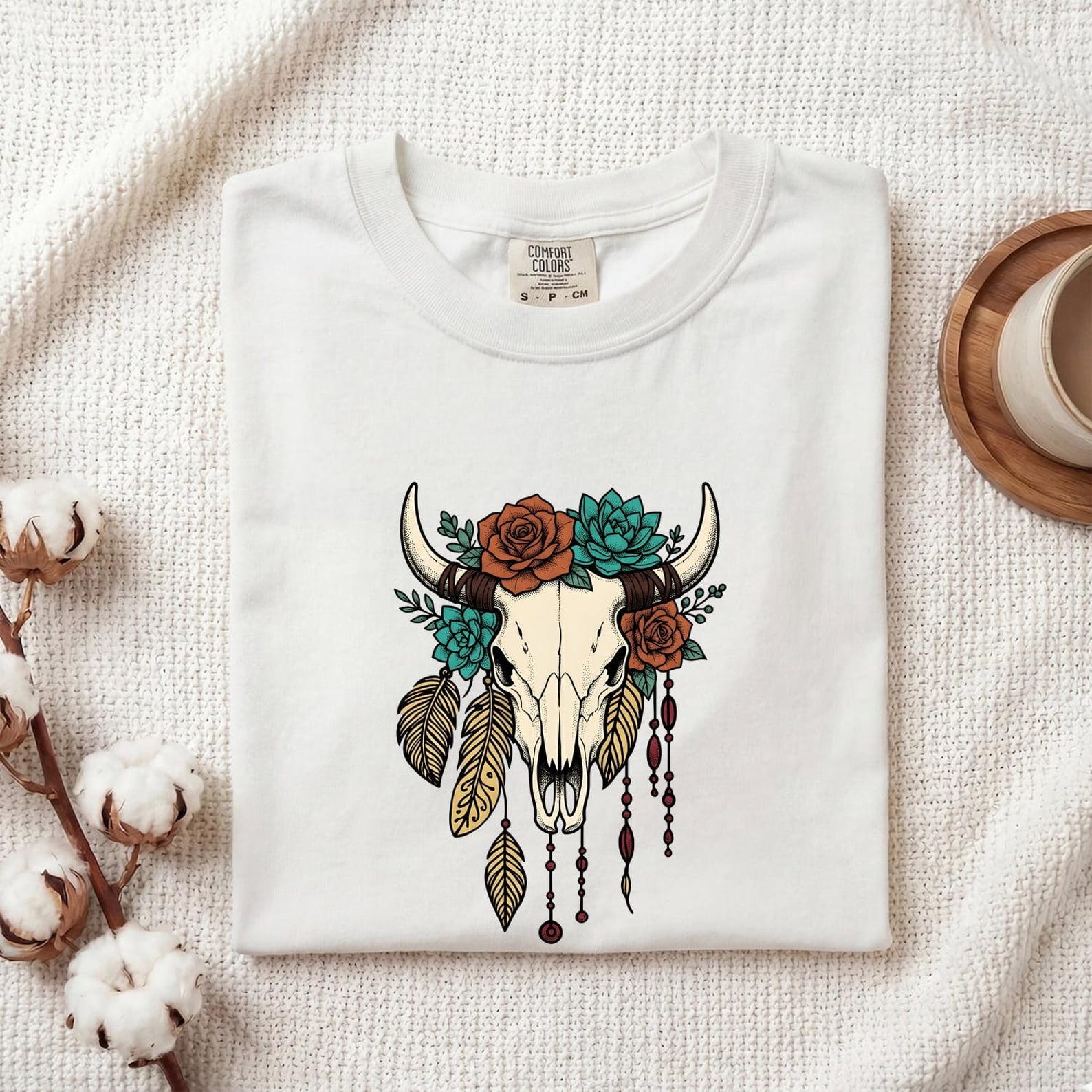Bull Skull Flowers Shirt Boho Chic Desert Gift Women Traditional Tattoo Tee Cow Skull T-Shirt Bohemian Fan Classic Tattoo Tshirt 3XL