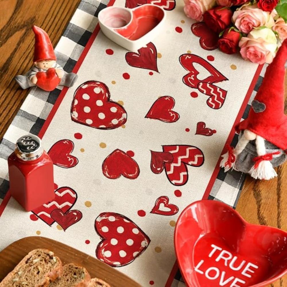 Valentine's Day Placemats Buffalo Plaid Red Heart Table Runner Seasonal Bow Tie Table Mats for Party Kitchen Dining Decoration