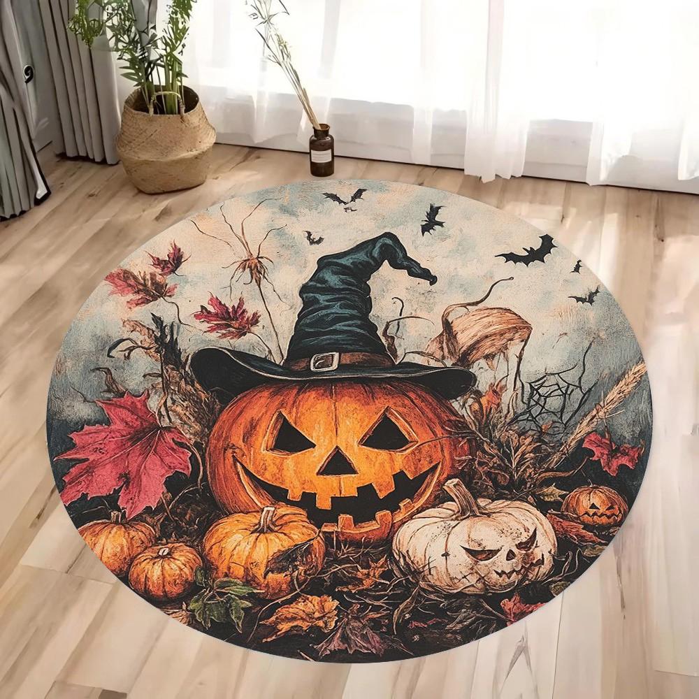 1pc Halloween Rug Bat Pumpkin Printed for Halloween Floor Decoration Non-Slip Round Rug Entrance Mat Living Room Bedroom Decor