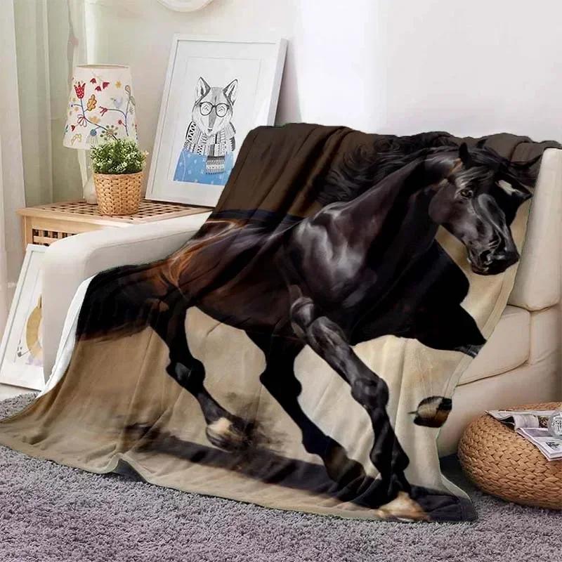 3D Cartoon Horse Print Flannel Throw Blanket – Soft Warm Picnic Blanket, Retro Home & Travel Birthday Gift, Cozy Comfort