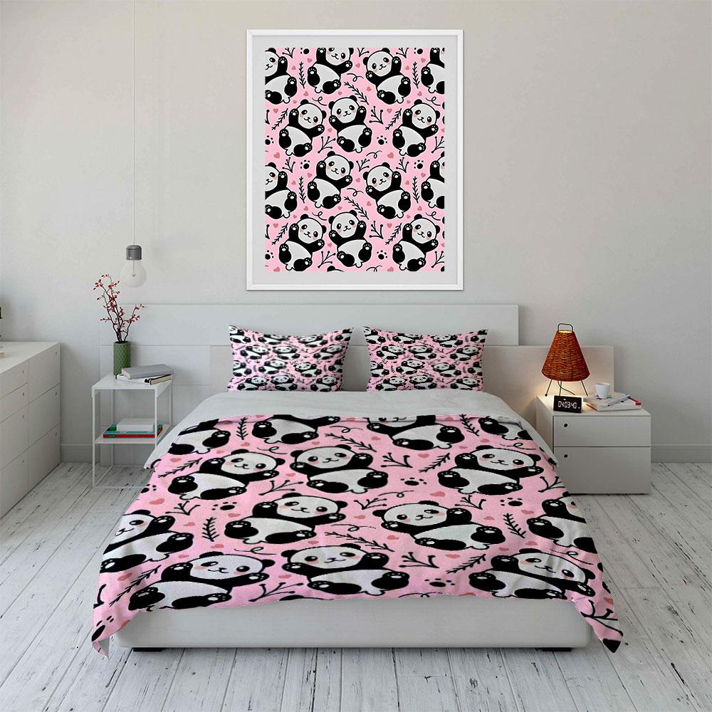 Cute Pandas with Pink Background Print Bedding Set 1 Duvet Cover 2 Pillowcases for Adult and Children Luxury Gift Full Size