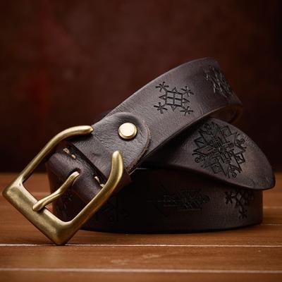 Thickened Handmade Leather First Layer Cowhide Belt Men'S Retro Copper Buckle Embossed British Personality Men'S Belt Men'S