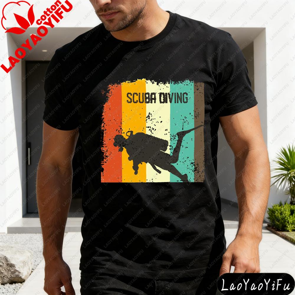 Scuba Diving Silhouette Rainbow Stripe Summer Men TShirt Vintage Style Casual Wear for Beach Outdoor Activities Gift