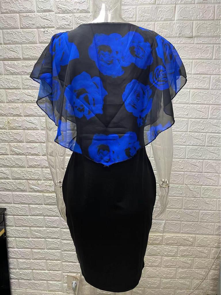 Rose Print Slim Fit Plus Size Dress with Shawl