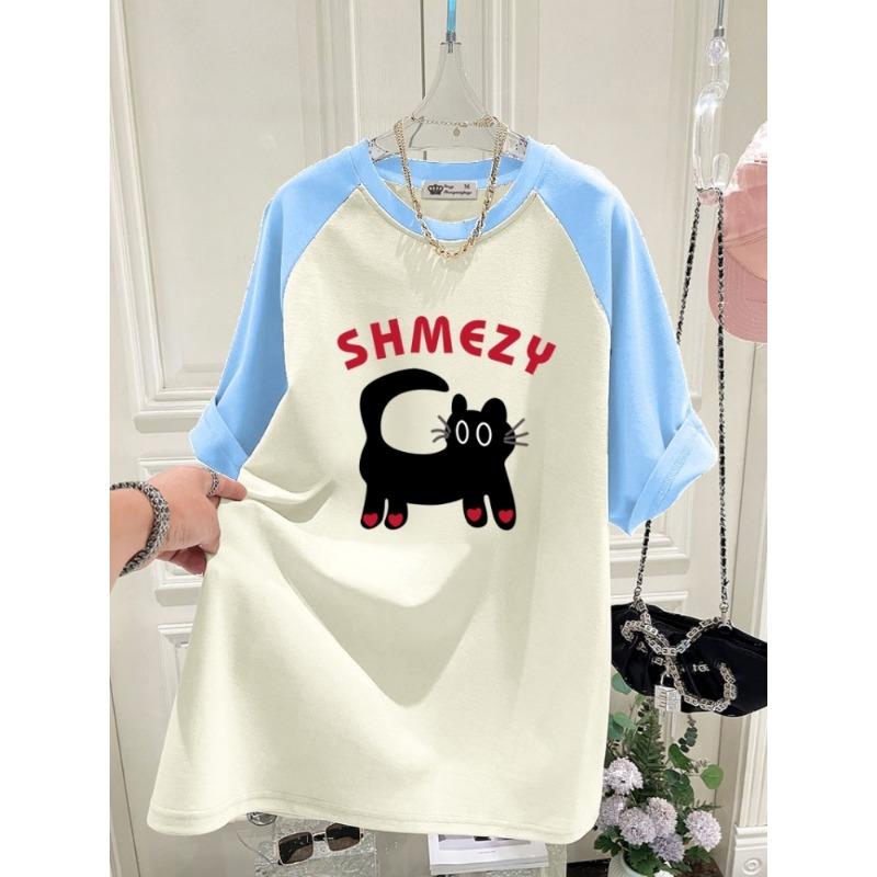 Nova T-shirt de Verão Versão Coreana Gato Desenho Animado Amor Versão Grande Solta Cor Contrastante Manga Raglan Manga Curta para Mulheres