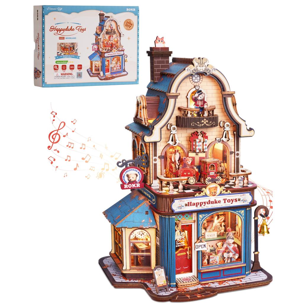 ROKR Holz 3D Puzzle Happyduke Spielzeug Spieluhr Modellbausatz mit LED-Licht für Heimdekoration Mini Puppenhaus DIY Spielzeug Weihnachtsgeschenk für Erwachsene Jugendliche