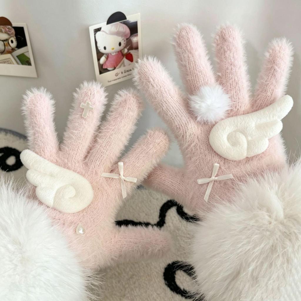 Women's Winter 2025 Retro Plaid Kitty Gloves: Warm Five-Finger Cycling Cold Protection