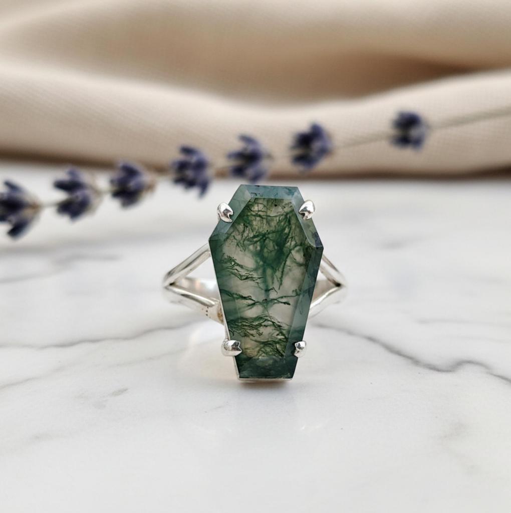 Coffin Ring, Moss Agate Ring, 925 Solid Sterling Silver Ring, Boho Ring, Handmade Jewelry, Moss Agate Coffin Gemstone Ring, Gift for Her