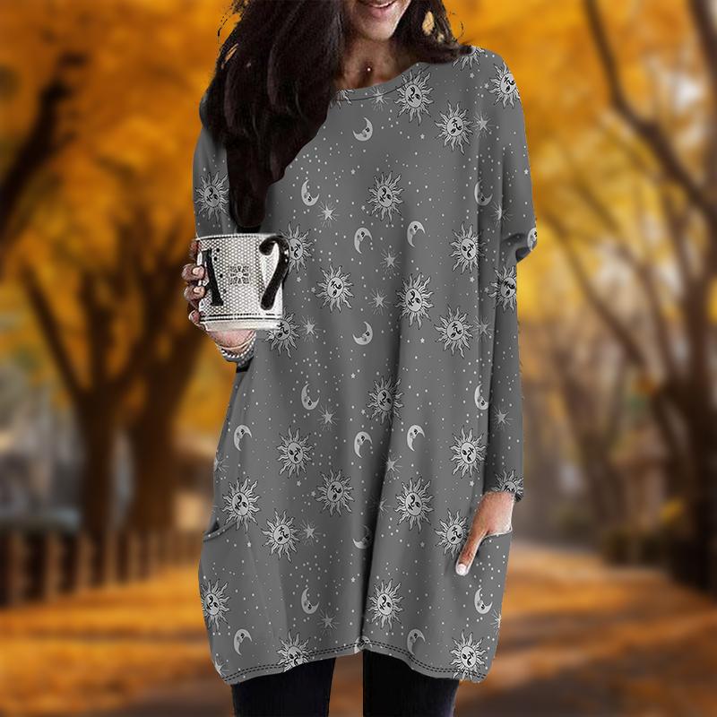 

Новинка осени Tarot Moon Sun Print Plus Size Dress Women O neck Long Sleeves Casual Pocket Dresses 6XL чёрный