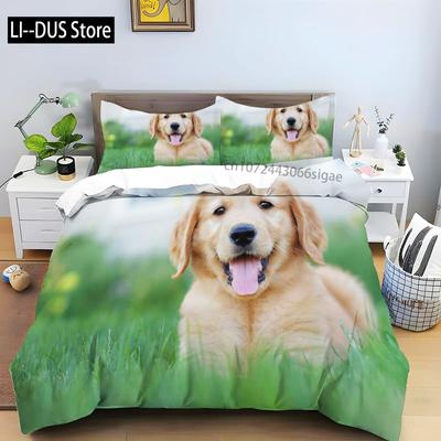 Süßes Golden Retriever Bettwäsche-Set für Kinder und Jugendliche, Dekor mit grünem Gras, Bettbezug (ohne Bettdecke), Weiches Bettbezug-Set, 2 Kissenbezüge
