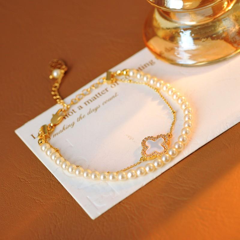 Elegant Double Layer Pearl Clover Bracelet Women Shell Inlay Copper Alloy Electroplated Korean Style Minimalist Jewelry