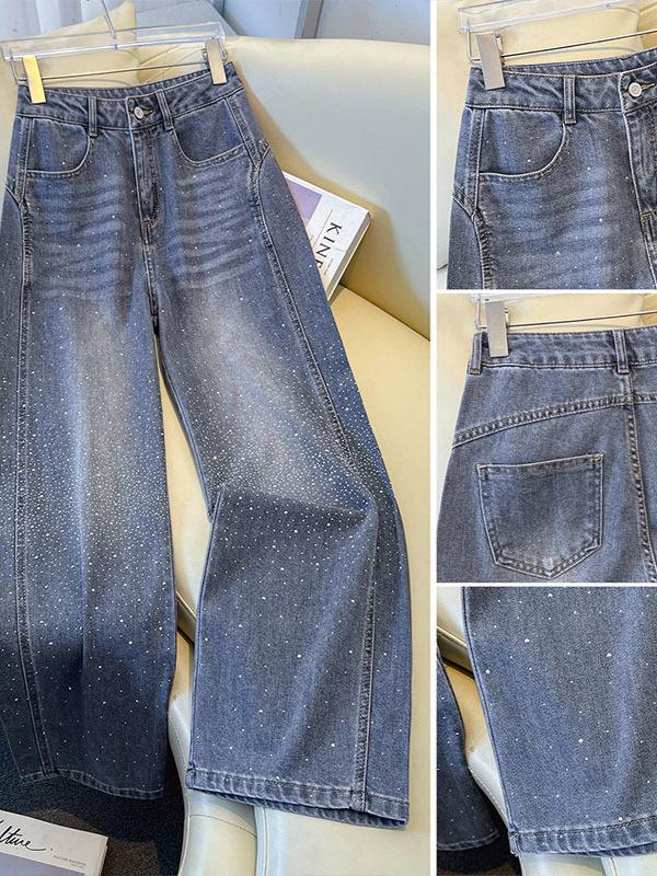 Chic High-Waisted Rhinestone Straight-Leg Jeans for Women - New 2026 Spring/Autumn Style, Slimming and Flowy.