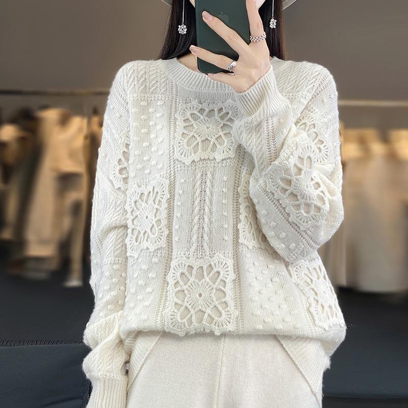 Women's Pure Wool Hollow Out Sweater - Lazy Style Knitwear for Autumn & Winter
