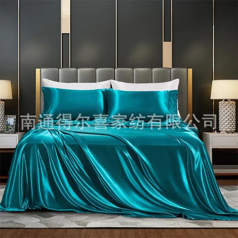 Einfarbiger Seidenimitatstoff, vierteilig, europäische und amerikanische minimalistische Bettlaken, Spannbettlaken, Kissenbezug