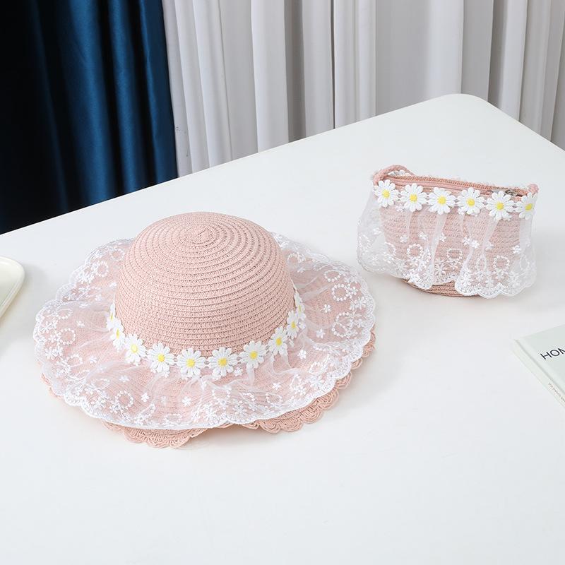 New Baby Straw Hat With Handbag Flower Lace Breathable Beach Hat Bags Kids Hat Boy Girls Floral Sun Visor