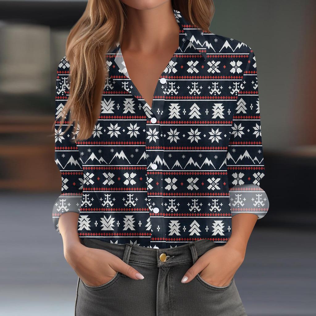 Women's Casual Christmas Print Long Sleeve Button Down Shirt with Fit