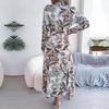 Women Spring Summer Retro Floral Collar Long Sleeve Tie Up Shirt Dress