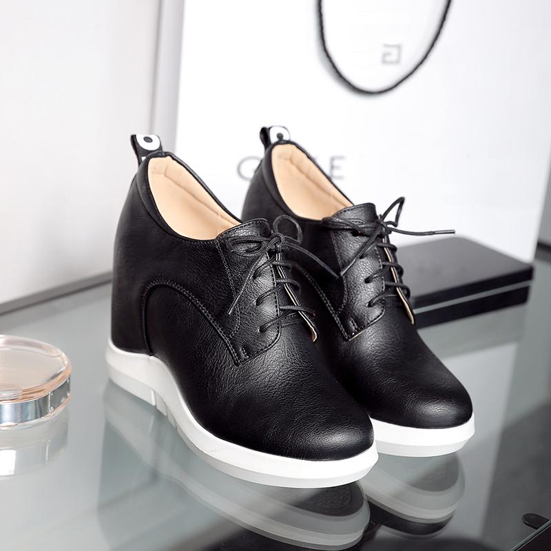 Women's Slope Heel Single Shoes Spring and Autumn Inner Height Increase Casual Lace-up Low-top Shoes