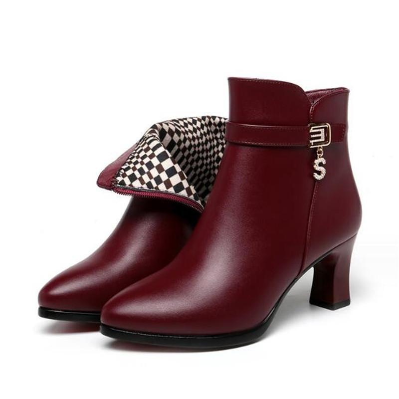 Fashion Winter Women Genuine Leather Ankle Boots Female Thick Plush Warm Snow Boots Mother Non-slip Booties Women High Heel Shoe