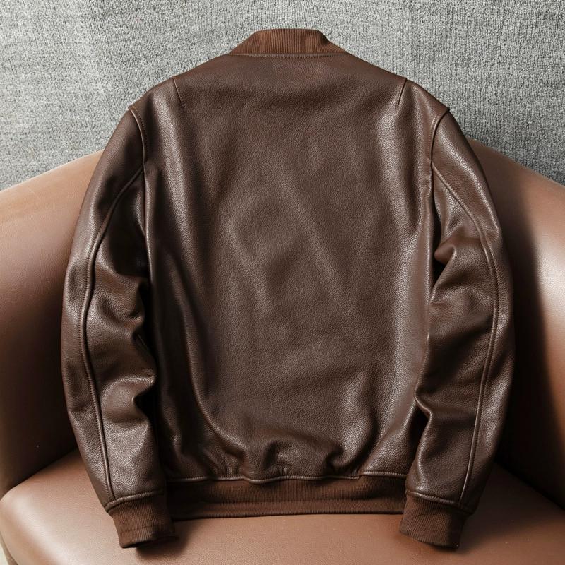 Mens Genuine Leather Jacket Short Slim Fit American Style Bomber Flight Jacket Top Grain Cowhide Autumn Winter Coat