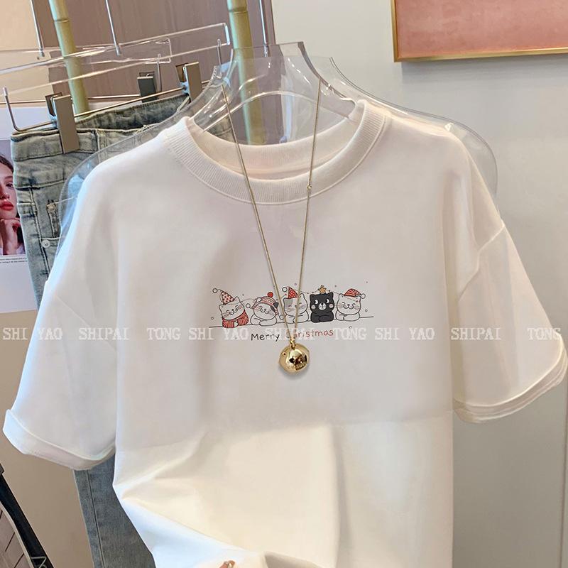 White cartoon cat short-sleeved t-shirt women's 2025 new summer age reduction design sense niche pure cotton foreign style top