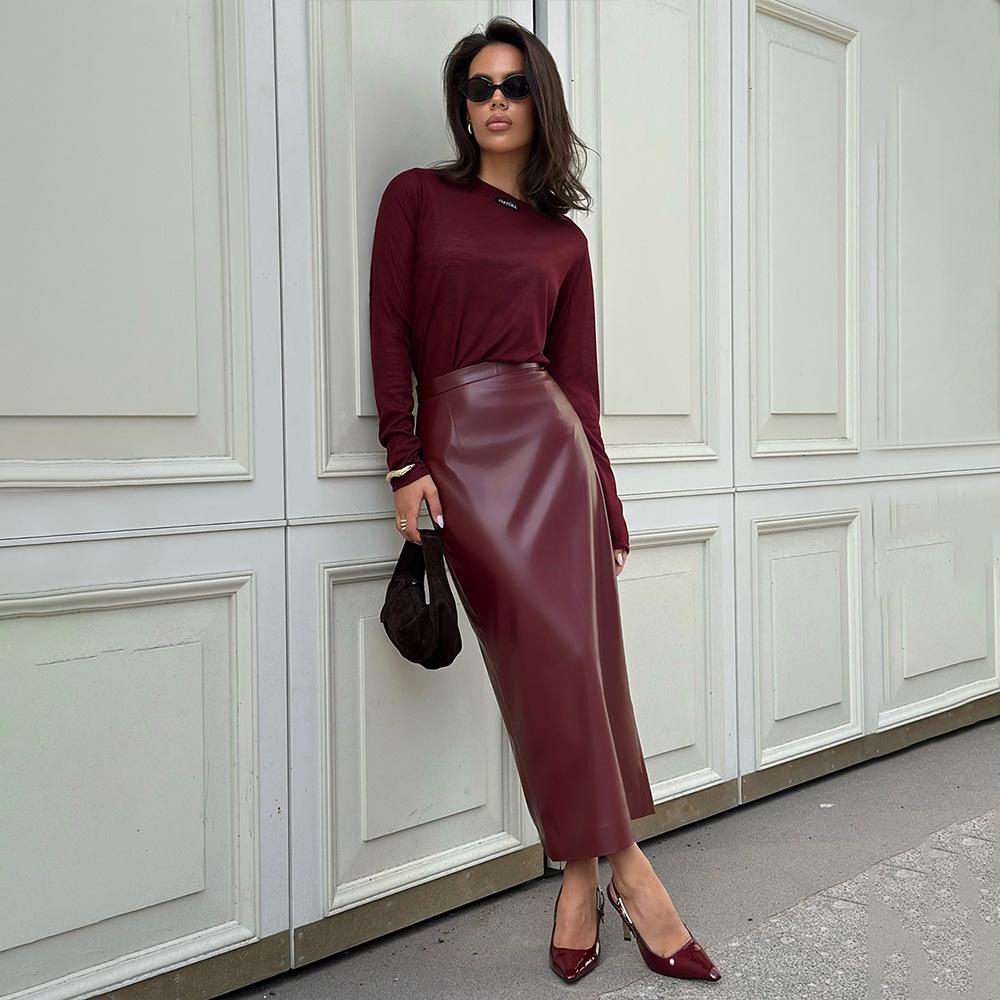 Ankora Czerwona Spódnica z Rozcięciem na Biodra Jesienna Moda Skórzana Spódnica Wąska Spódnica Z PU Pół-body