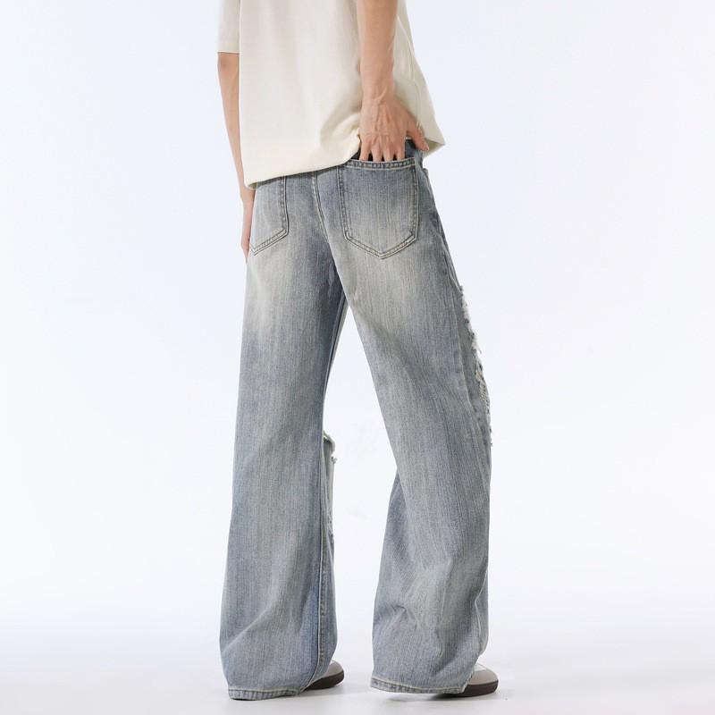 Mens Loose Straight Leg Jeans Fashion Ripped Denim Pants Casual Streetwear Teens
