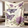 1pc Flannel Blanket | 2D Printed with Purple Butterfly and Roses, Warm, Comfortable, Soft, Polyester, Suitable for All Seasons, Multipurpose Use for S