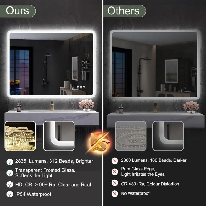 Miroir LED - S'bagno - 600x800 Mm - Anti-buée - Bluetooth - Dimmable