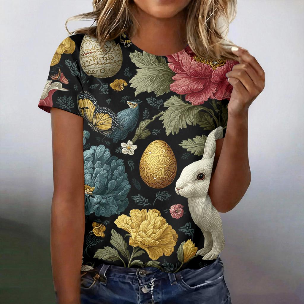 Women's Fashionable Casual Short-Sleeved Raglan Sleeve Easter Print T-Shirt Top