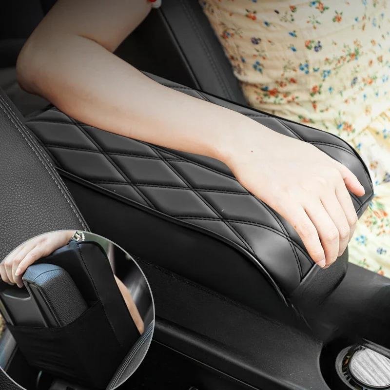 PU Leather Car Armrest Mat Center Console Arm Rest Protection Cushion Auto Armrests Storage Box Cover Pad Wave Embroider
