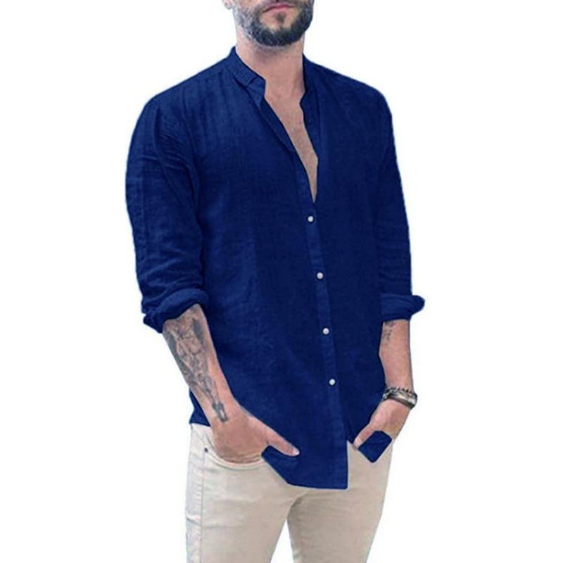 European and American Men's Linen Cardigan Solid Color Casual Stand-up Collar Long-sleeved Shirt
