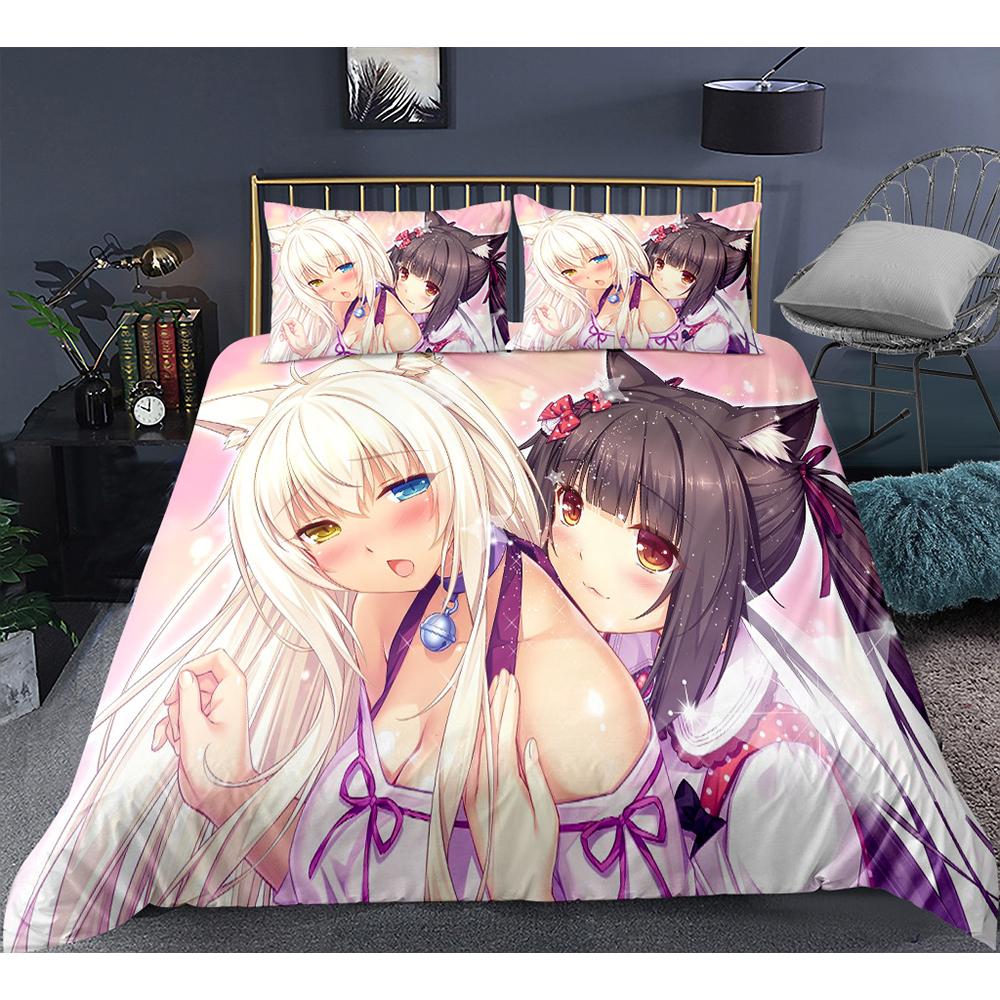Cute Anime Cat Maid Pattern NEKOPARA 3pcs Bedding Set Game Printing Duvet Cover and Pillowcase Bedroom Decorate for Otaku Teens