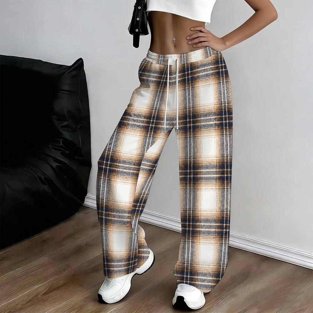 Women Plus Size Red White Plaid Printed Loose Straight Leg Full Length Pants