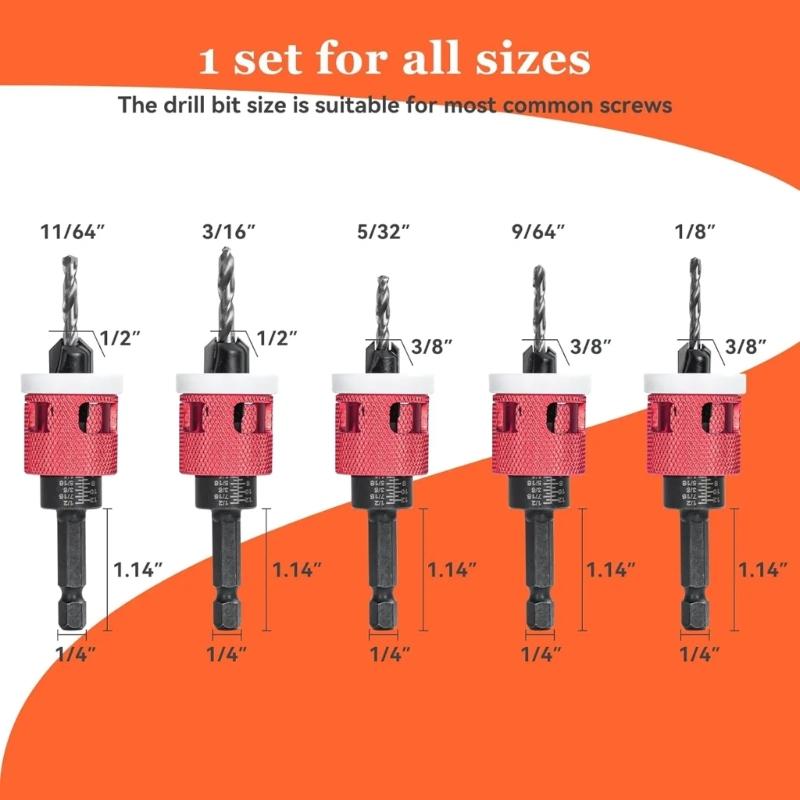 Pack of 5 Hex Shank Countersink Drill Bits with Adjustable Depth Stop Tapered Bits for DIY Projects and Professional Use
