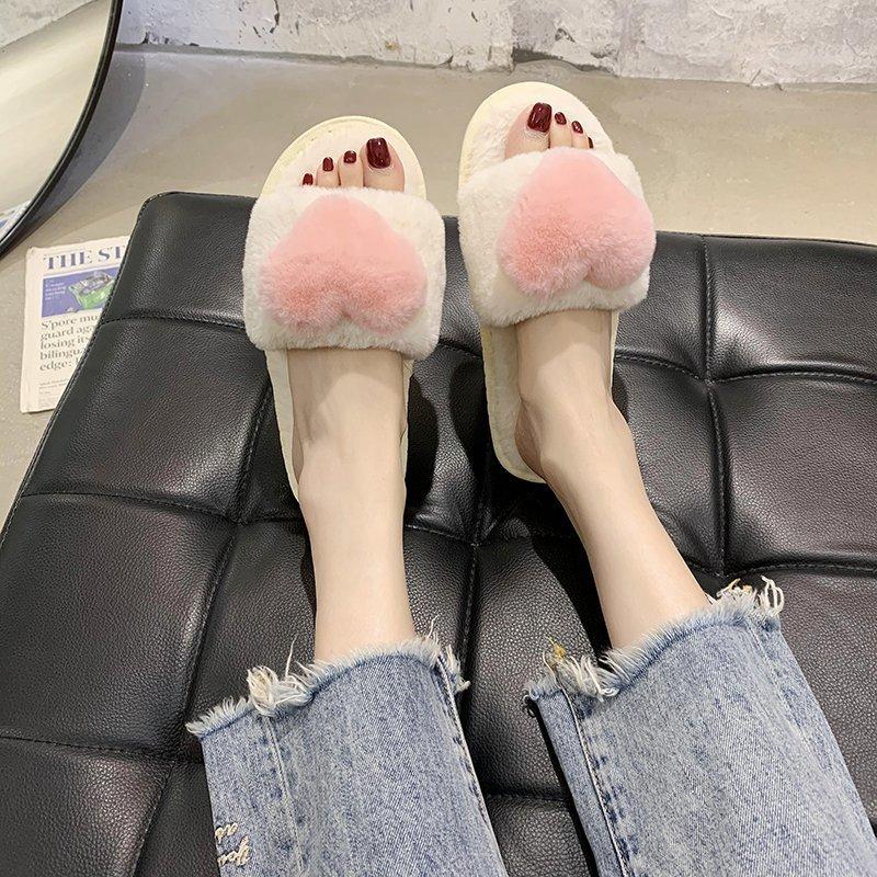 2020 New Autumn and Winter Slippers Light Mouth Flat Heel Flat Bottom Daily Home Plush Cotton Slippers Love One Word Hair Drag