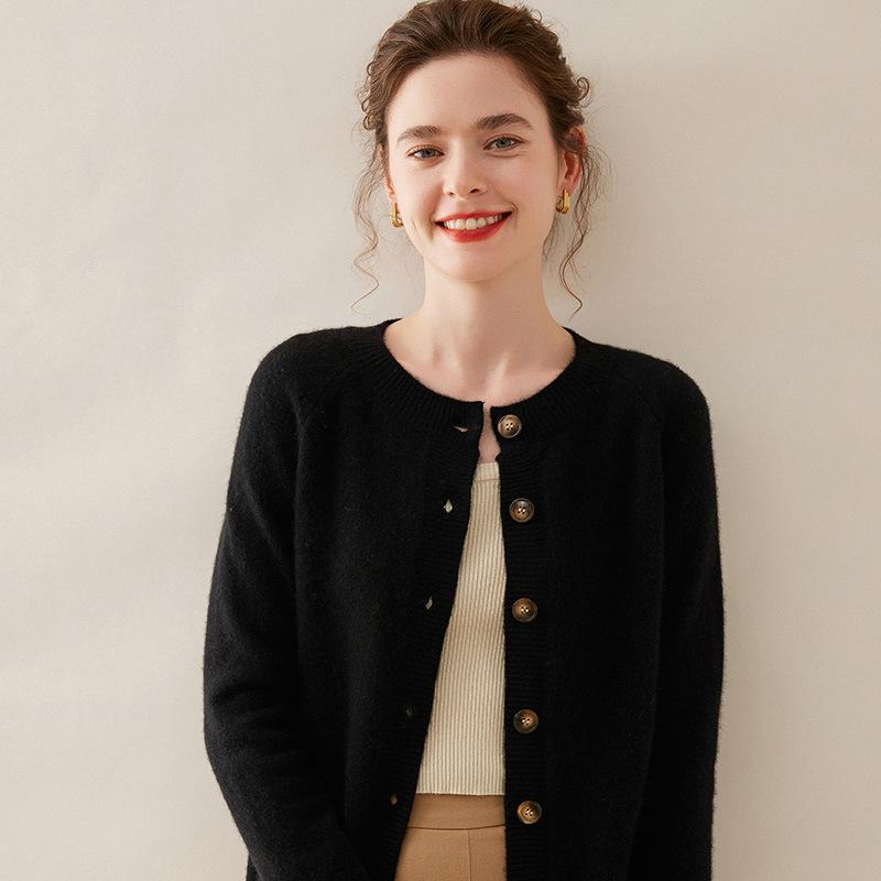 Women's Long Sleeve Korean Style Cashmere Cardigan - Thick Crew Neck, Loose Fit, Slimming Raglan Sweater