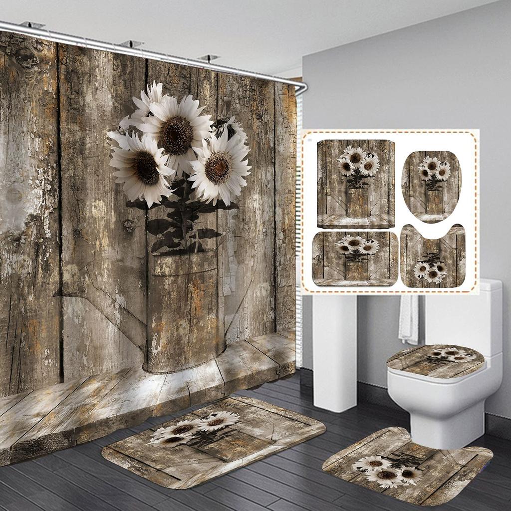 Butterfly Daisy Sunflower Shower Curtain Sets Retro Floral Vintage Country Farmhouse Flower Rustic Wooden Bathroom Decor Sets