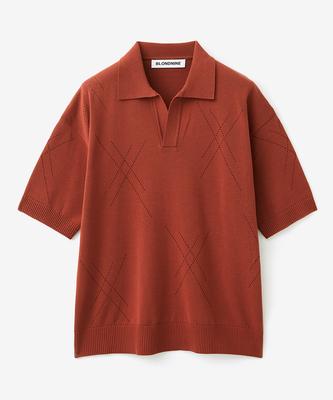 BLOND9 Cotton Hash Open Collar Short Sleeve Knit_Red Brick