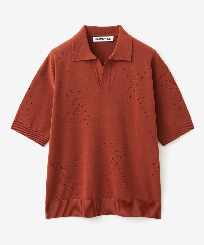 BLOND9 Cotton Hash Open Collar Short Sleeve Knit_Red Brick