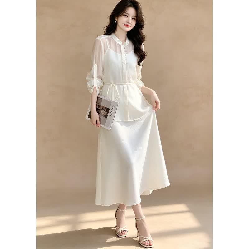New Chinese Style Pan-Buckle Stand-Collar Shirt & Skirt Two-Piece Set