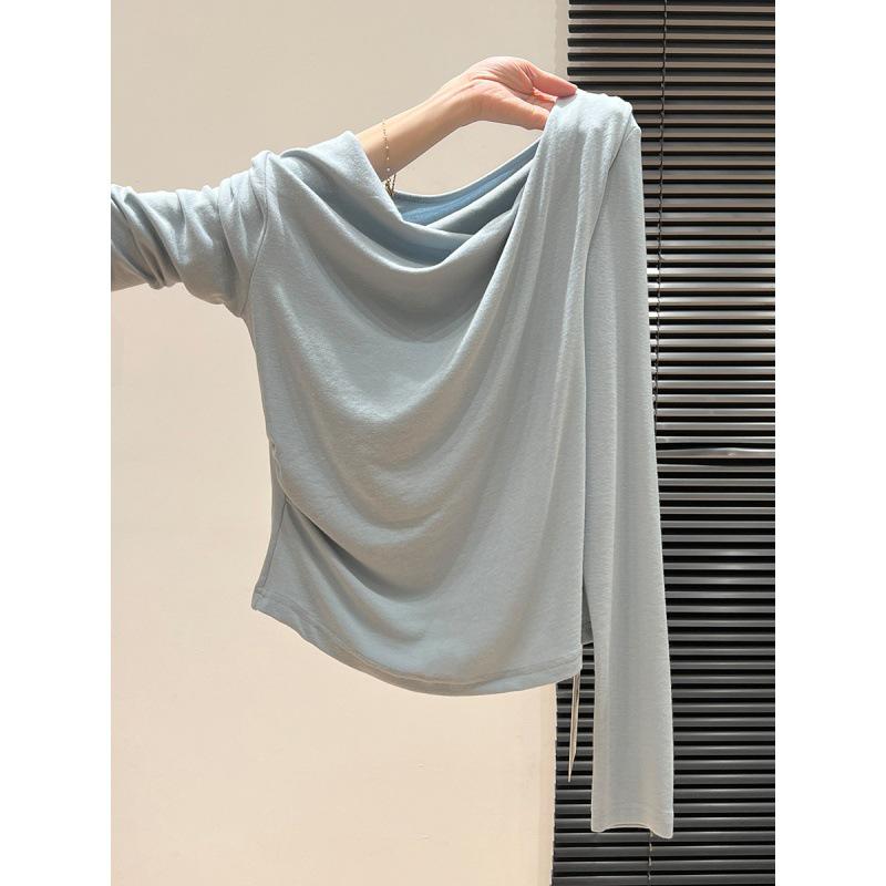 Women's Pink Asymmetrical Off-Shoulder Long-Sleeve T-Shirt - 2025 Autumn Slim-Fit