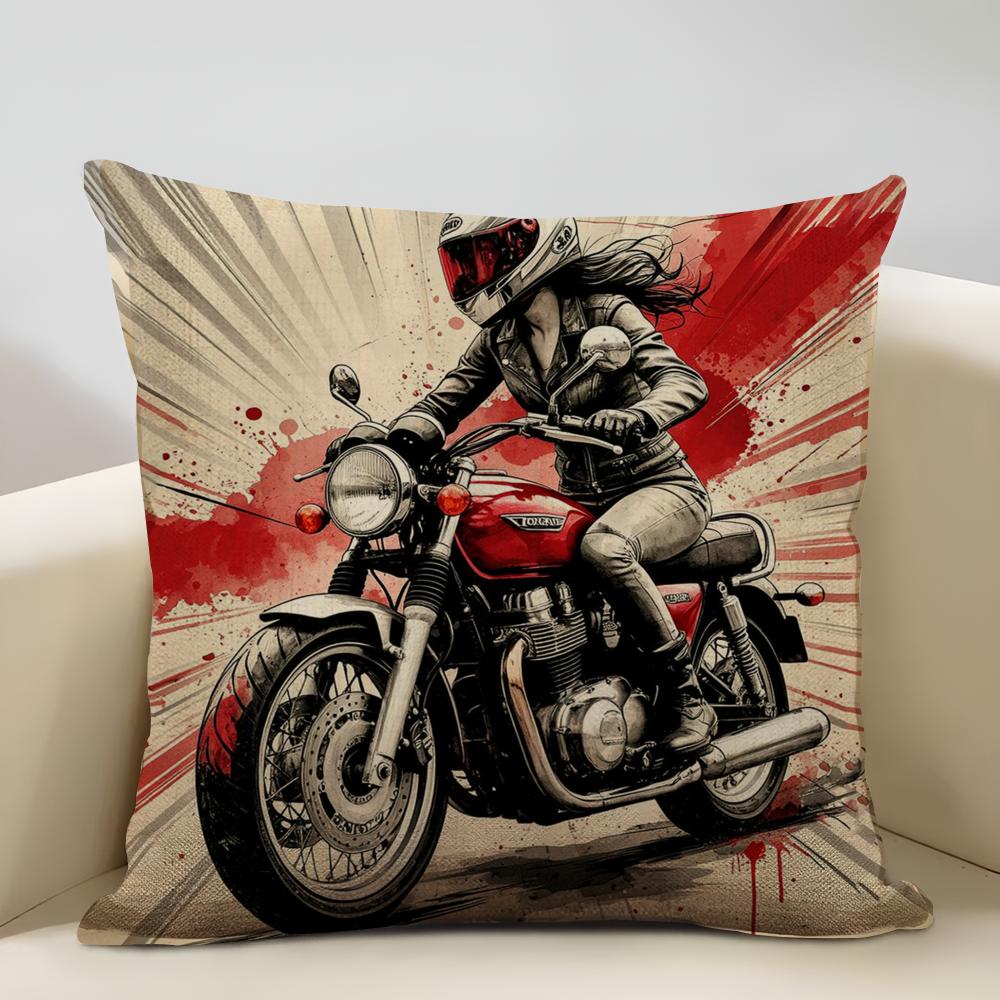 Female motorcyclist Cushion Household Decoration Linen Sofa Cushion Cover: Skin-Friendly & Breathable with Invisible Zipper