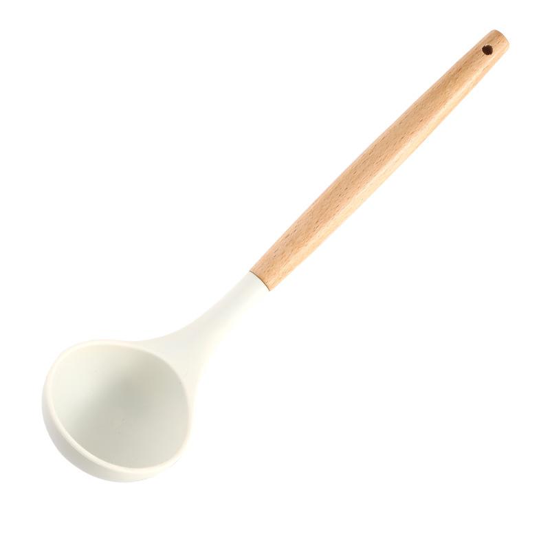 1PCS White Wooden Handle Silicone Spatula Cookware Set Hangable Kitchen Soup Spoon Cooking Tool Baking Shovel Ladle