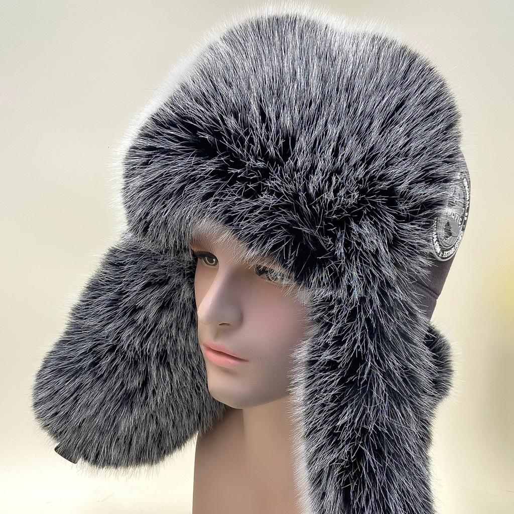 New Winter Men's 100% Fake Fox Fur Bomber Hat Faux Fur Ushanka Cap Trapper Russian Man Ski Hats Caps Cotton Lining