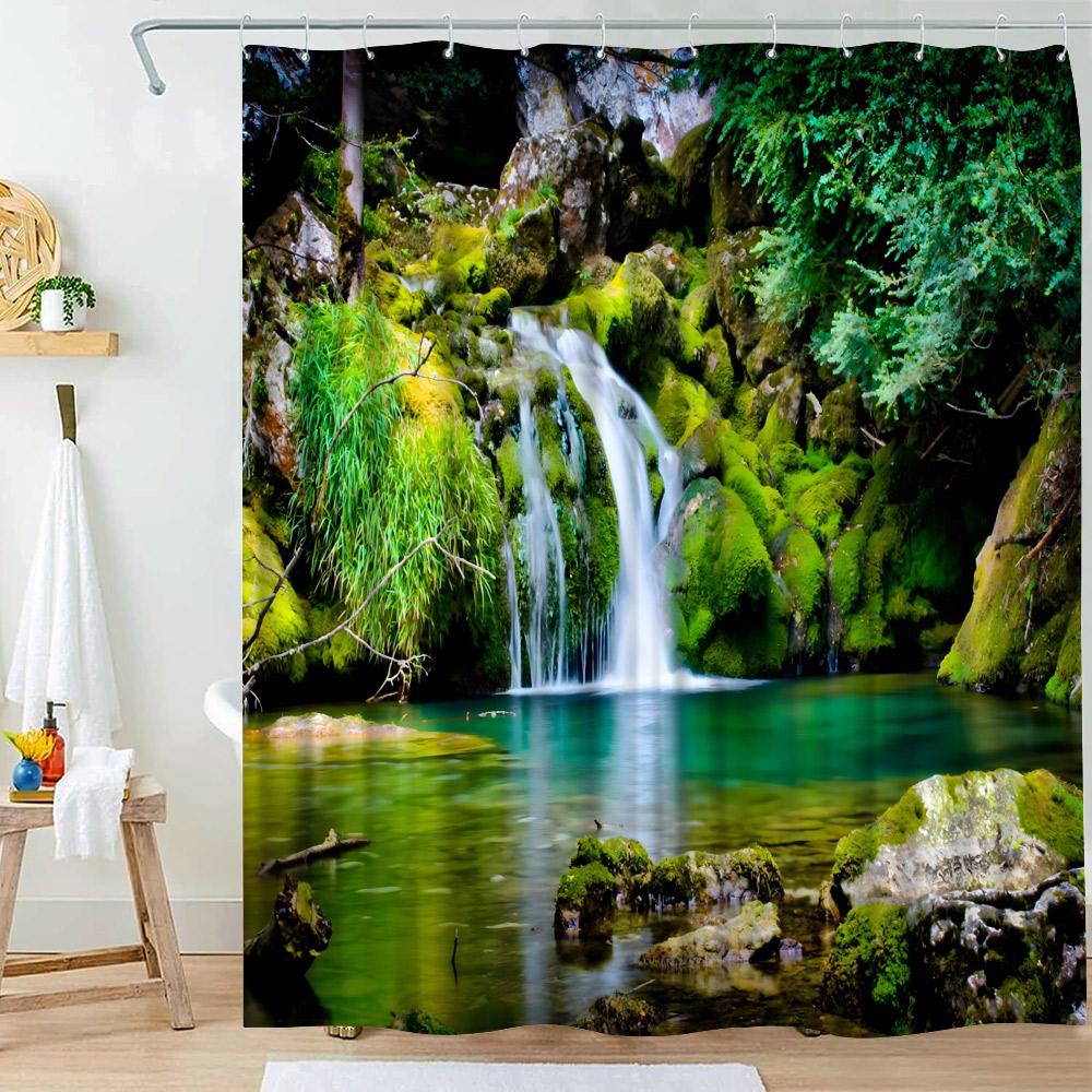 Waterfall Shower Curtain Natural Landscape Outside Window Scenery Forest Flowing Stream Bathroom Decor Polyester Bath Curtains