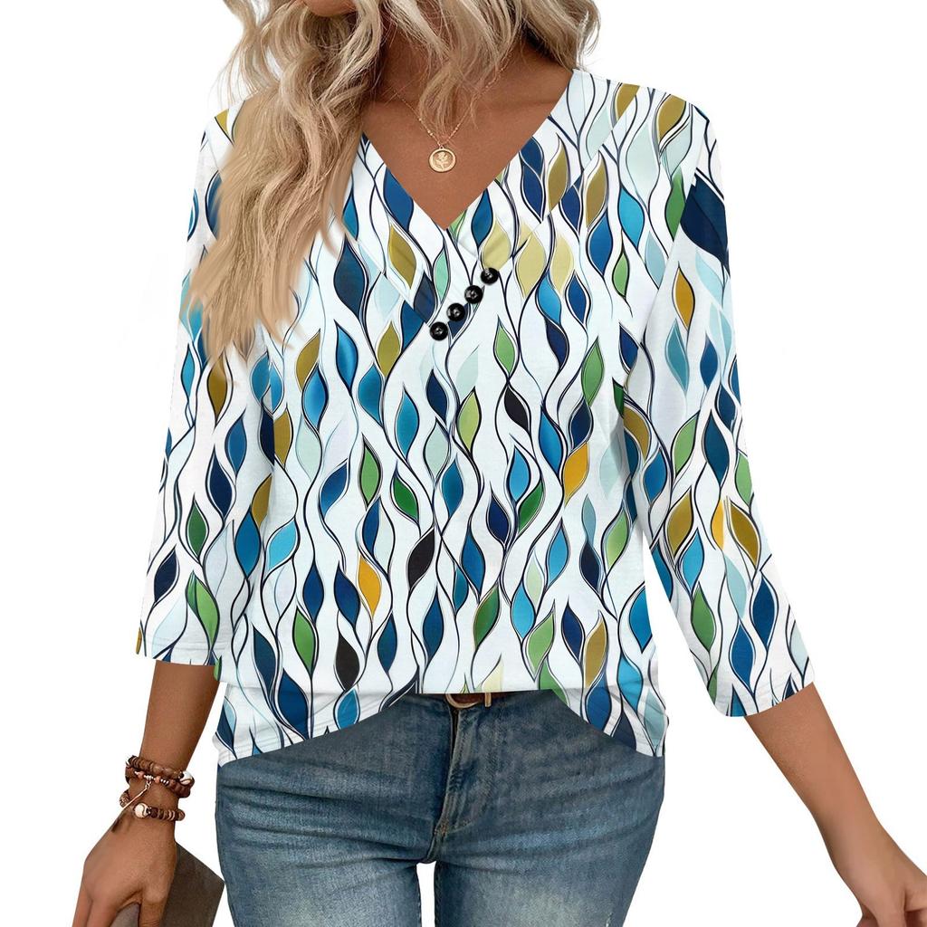 Women's Print Top Button-down V-neck T-shirt 3/4 Sleeve Loose Fashion Top
