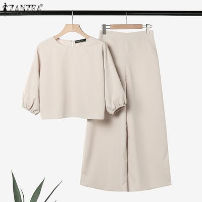 Summer Outfits Womens 3/4 Sleeve Blouse and Wide Leg Pants Casual Two Piece Suit Set